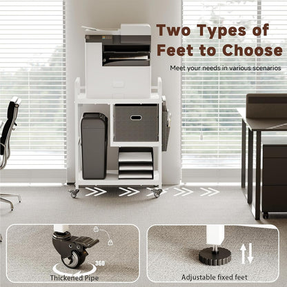 Large Printer Stand with Removable Storage Drawer, Mobile Printer Table with Charging Station and USB Ports for Home Office, Rolling Industrial Printer Cart with Wheels for Scanner Fax (White)