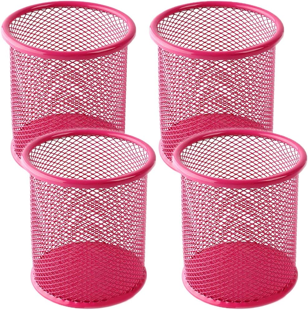 Ameceres 4 Packs Wire Mesh Pencil Holder Metal Pen Cup Desk Pen Organizer Case Pencil Jar Black for Office Home (DeepPink)