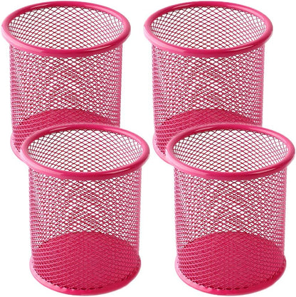 Ameceres 4 Packs Wire Mesh Pencil Holder Metal Pen Cup Desk Pen Organizer Case Pencil Jar Black for Office Home (DeepPink)