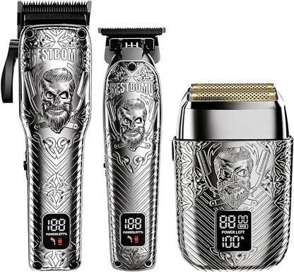 BESTBOMG Professional Cordless Mens Hair Clippers & Beard Trimmer and Electric Shavers Kits & Sets,Metal Hair Clippers Cutting Grooming Kit with Long Battery Life for Family Barber Use (Gray)