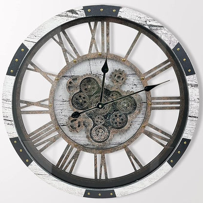 DORBOKER 24" Large Wall Clock with Moving Gears,Oversize Vintage Industrial Rustic Farmhouse Clocks for Living Room Decor Office Home,Solid Wood HD Tempered Glass Cover,White Grey