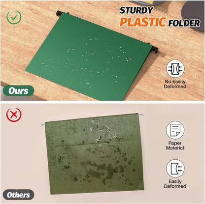 Plastic Hanging File Folders,Letter Size,Reinforced Hang Folders,Standard File Folders for Filing Cabinet,Plastic Hanging Folders,1/5-Cut Tabs,Designed for Home and Office,Green,12 Pack