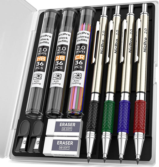 Nicpro 4 PCS Premium 2.0 mm Mechanical Pencils Set, 108 Colored & Black (HB 2B) Lead Refills, Art Metal 2mm Carpenter Pencil with 2 Erasers, 2 Sharpeners for Drafting Sketching Drawing with Case