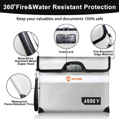 6500°F Fireproof Document Bag with Lock, Upgraded Fireproof Money Bag for Cash w. Zipper/Reflective Strip, 10Layers of Heat Insulated Materials, Water Resistant Fireproof Bag for Documents