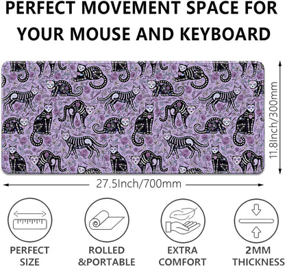 Gothic Cat Skeleton Flowers Mouse Pad,Extended Cat and Floral Mousepad Desk Pad with Stitched Edges,Non-Slip Waterproof Rubber Base Mouse Mat for Office Computer Keyboard Laptop Home(27.5x11.8 in)