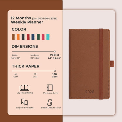 Weekly Monthly 2026 Planner (Jan.26-Dec.26),6.5"x3.75",12 Months Agenda Plan with Month Tabs & Pocket,Expenses/Note Pages, Appointment Book Calendar with Hardcover Vegan Leather Cover,Brown