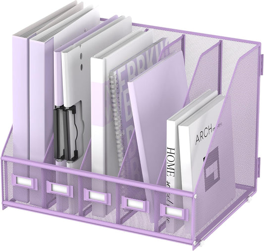 SUPEASY Desk Organizers Metal Desk Magazine File Holder with 5 Vertical Compartments Rack File Organizer for Office Desktop, Home Workspace, Purple