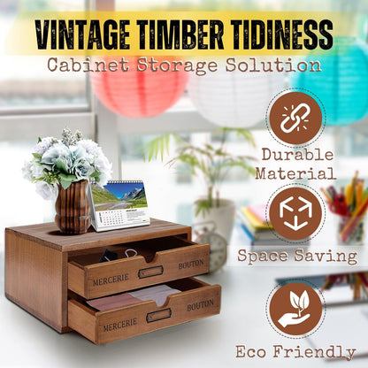 Flexzion Wooden Desktop Office Supplies Organizer with 2 Storage Drawers Set, 2-Tier Wood Tabletop Cabinet, Countertop Desk Accessories Box, for Home Workspace Counter Vanity Decor Art Craft Tool Mail