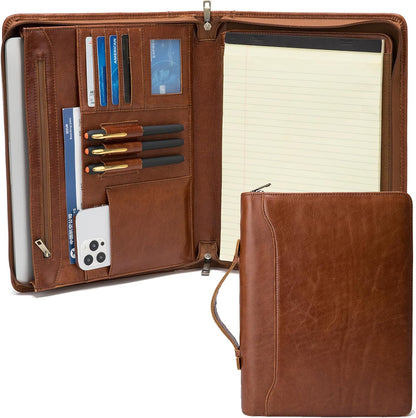 Genuine Leather Portfolio with Hidden Handle, Front Pocket, Business Padfolio Tablet/13” Laptop Organizer, Folio Document Cell Phone Holder, Professional Executive Folder, Brown, Oil Tanned