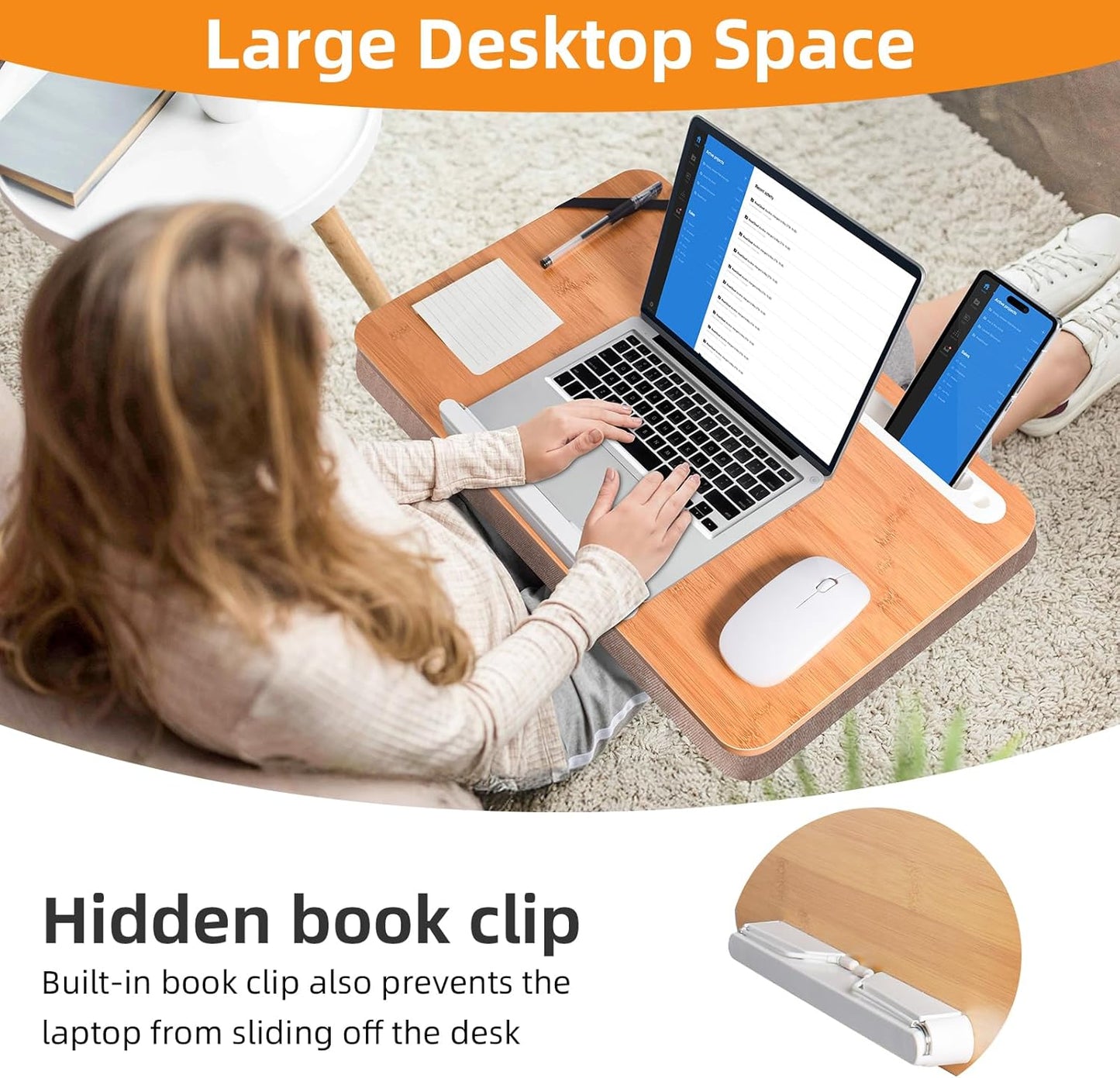 wishacc Oversized Bamboo Lap Desk with Phone/Tablet Slots & Cushion Pillow – Extra-Large Portable Laptop Stand for Home, Office, Bed, Car