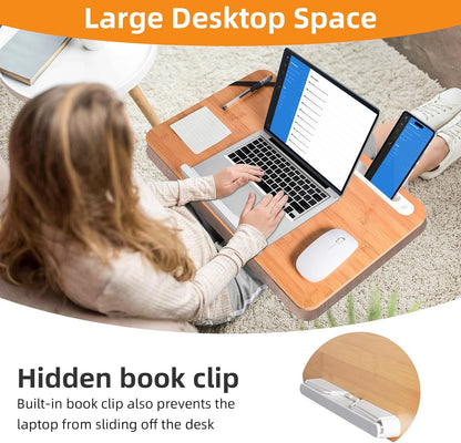 wishacc Oversized Bamboo Lap Desk with Phone/Tablet Slots & Cushion Pillow – Extra-Large Portable Laptop Stand for Home, Office, Bed, Car