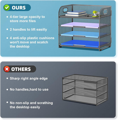 Marbrasse 4 Tier Paper Organizer Letter Tray - Mesh Desk File Organizer with Handle, Paper Sorter Organizer for Letter Office File Folder Holder (Grey, 12.6" x 9.1" x 10.7")