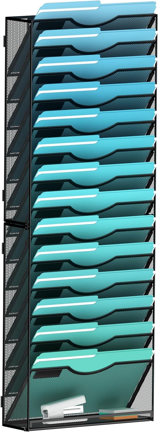 15-Tier Wall File Organizer Hanging Wall File Holder Wall Mount Paper Folder Organize, Mesh Magazine Document Mail Organizer Wall Organizer for Office School Home, Black