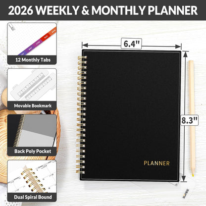 SUNEE 2026 Weekly and Monthly Planner - from January 2026 - December 2026, 6.4" x 8.3" Daily Agenda Planner with Monthly Tab, Flexible Cover, Note Pages, Pockets, Bookmark, Spiral Binding, Black