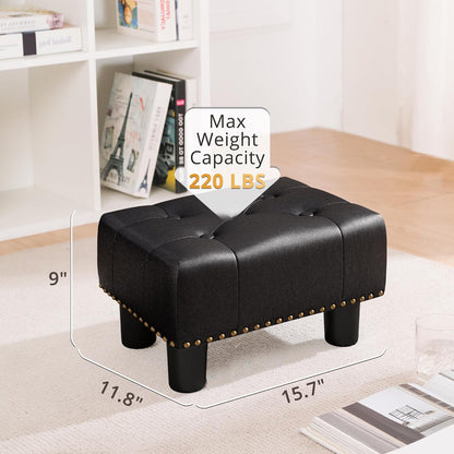 LUE BONA Small Tufted Foot Stool, Black Rivet Faux Leather Footrest with Plastic Legs, 9''H, Rectangle Foot Stools for Adult with Non-Slip Pads, Sofa Footstool for Living Room, Couch