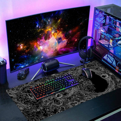 Black Whtie Topographic Gaming Mouse Pad XXL Topo Moon Relief Map Extended Large Mat Mousepad Desk Pad Non-Slip Rubber Base Stitched Edge Long Mousepad for Desktop Office Desk, 35.4 x 15.7 in