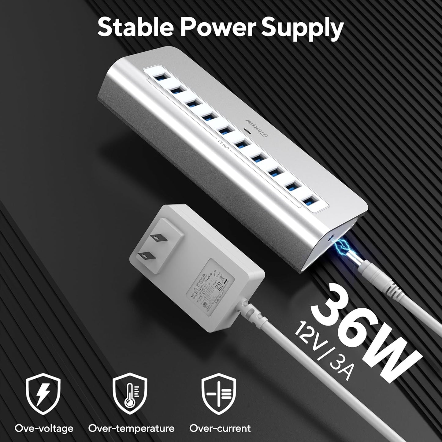 Powered USB Hub, intpw 10 Port USB 3.1 Hub with 10Gbps Data Transfer, 36W(12V/3A) Power Adapter, USB Type A and Type C Cable, Aluminum USB Hub for Laptop, MacBook and Desktop Computer
