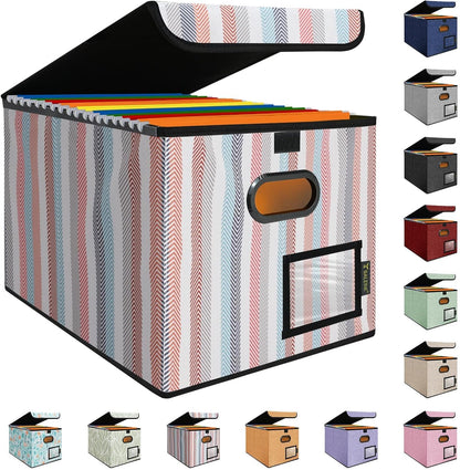 BALEINE File Organizer Box with Lid, Collapsible File Folder Organizer with Plastic Slide, Hanging File Folder Box for Office Document Storage (1 Pack, Color Stripe)