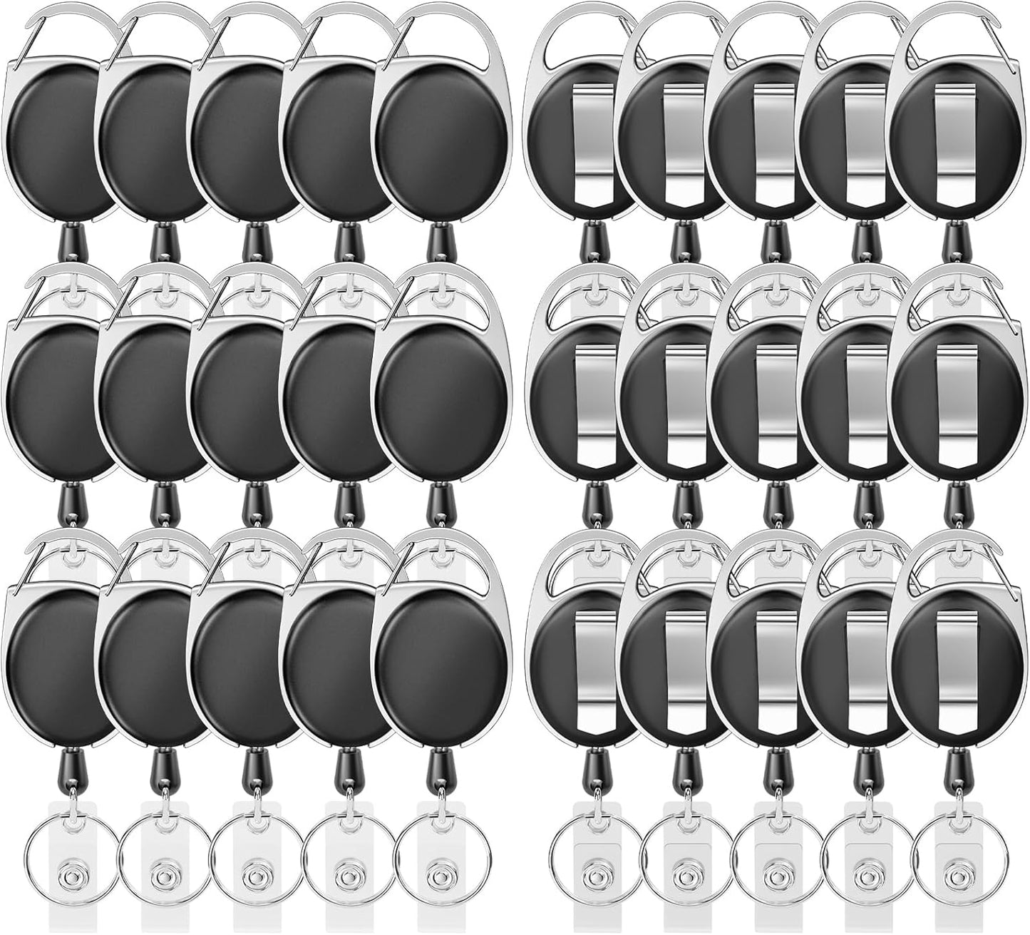 Retractable Badge Holder with Carabiner Reel Clip and Key Ring for ID Card Key Keychain Holders Black 30 Pieces