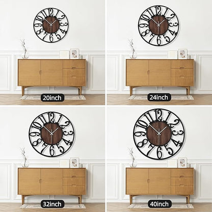 Maxstar Large Round Wall Clock for Living Room Decor Battery Operated Non Ticking Black Metal Wood Clocks for Home Living Room Garden Office Kitchen Decoration -40inch