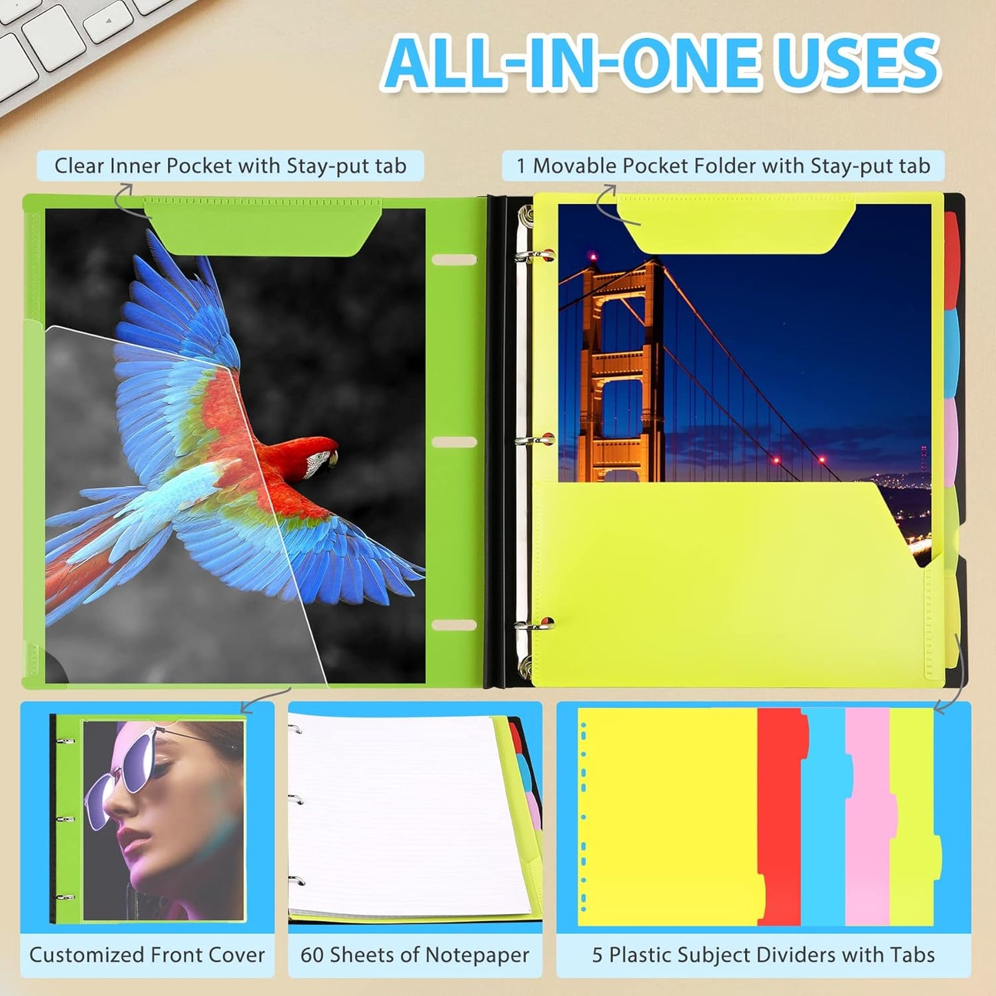 WOT I 1-Pack Telescoping 3 Ring Binder Notebook - Customizable Cover, 5 Dividers & Pocket Folder in One Slim Organizer (60 Sheets Included), Green