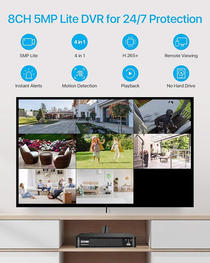 ZOSI 1080P HD Home Surveillance Camera System with AI Human Vehicle Detection, 5MP 8 Channel CCTV DVR Recorder (No HDD), 8 x 2.0MP 1920TVL Outdoor/Indoor Surveillance Bullet Cameras, Remote Access