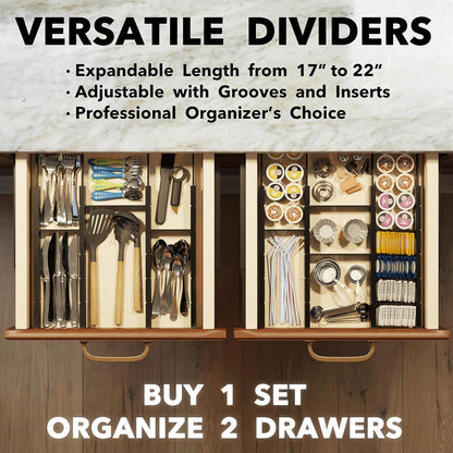 SpaceAid Bamboo Drawer Dividers with Inserts and Labels, Kitchen Adjustable Drawer Organizers, Expandable Organization for Home, Office, Dressers, 10 Dividers with 24 Inserts (17"-22" Black)