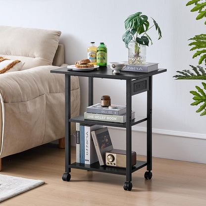 Lerliuo 3-Tier Printer Stand with Charging Station, Industrial Mobile Printer Table with Storage Shelf and Steel Frame, Rolling Printer Cart Holder with Lockable Wheels for Home, Office (Black)
