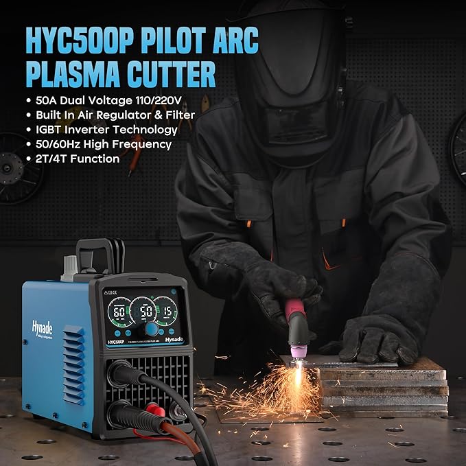 Plasma Cutter with Large LED Display, [Non-Touch Pilot Arc] [Air Sensor] hynade 50A Plasma Cutter Machine 110/220V Dual Voltage, IGBT Inverter, 1/2'' Clean Cut, 2T/4T for Beginners DIY(User Manual)