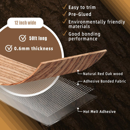 GSCIT Club Oak Wood Veneer, 12 inch x 50ft Wood Red Oak Edge Banding Pre-glued Flexible, Veneer Tape Banding for Cabinet Repair Furniture Restoration