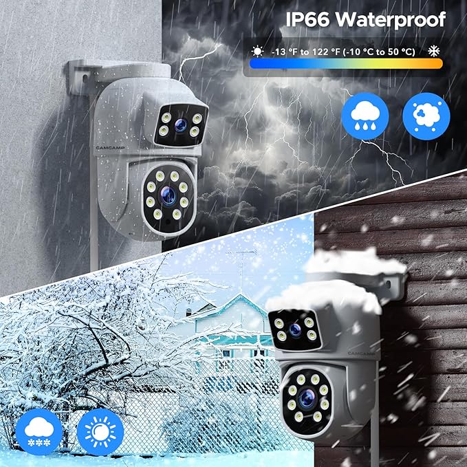 Camcamp Dual Lens Security Camera Outdoor, 2K Full HD Video, 360° View Pan/Tilt Surveillance & Security Cameras with Color Night Vision, Easy to Install, PIR Alarm