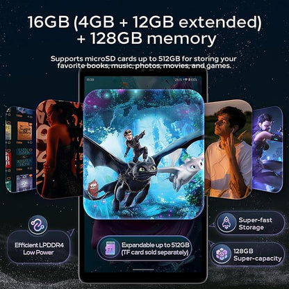 Android 15 Tablet 8.7 inch, Octa Core, 16GB RAM, 128GB ROM, 1TB Expandable, 8.7" HD IPS 1340x800, 5MP+8MP Camera, 5G WiFi+BT5.0+GPS, Type-C, with Headphone Jack, Leather Case Included
