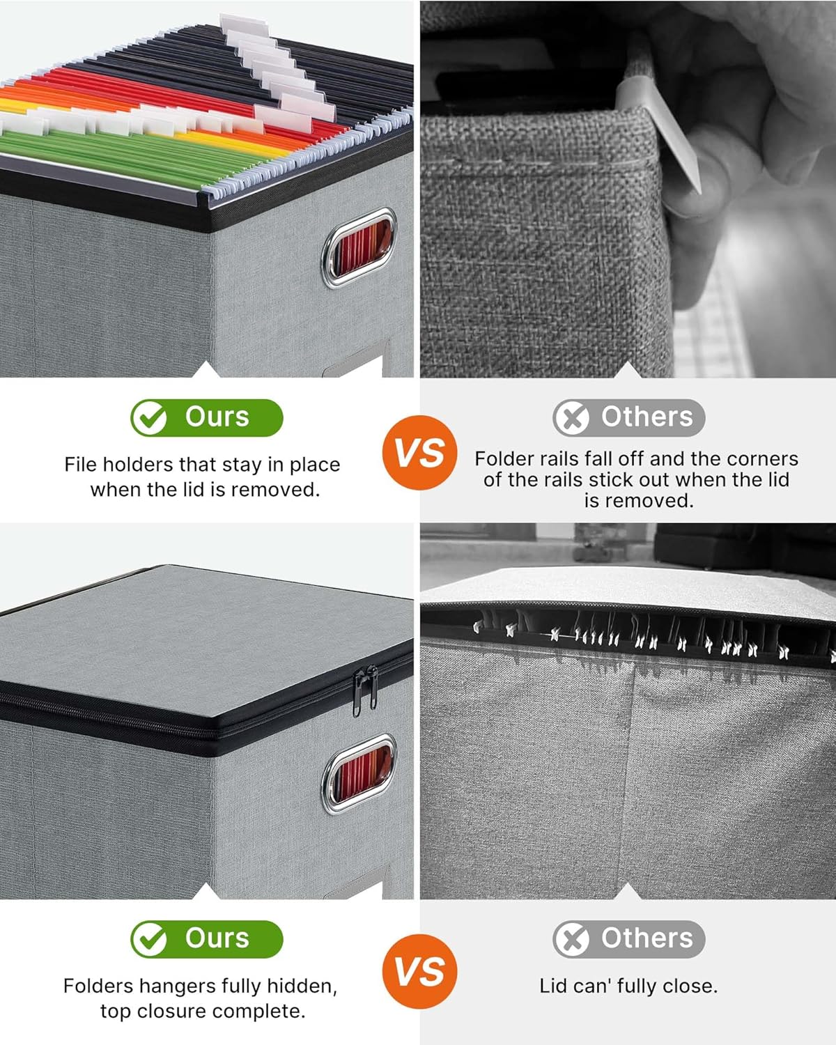 Oterri 1 Pack Large File Organizer Boxes with Lids, File Box with Mesh Pockets, Document Organizer Box for Letter/Legal Size Folders, Zippers Important Document Organizer (Grey, Without Folders)