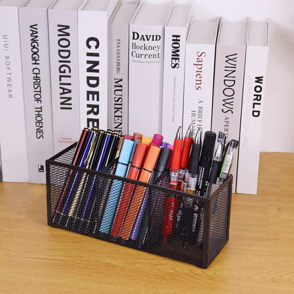 2PCS Black Mesh Pen Pencil Holder, Small Metal Desk Organizer Desktop Stationery Office Supplies Acessories Storage Stand, 3 Compartments Brushes Holder for Home School Classroom Teachers