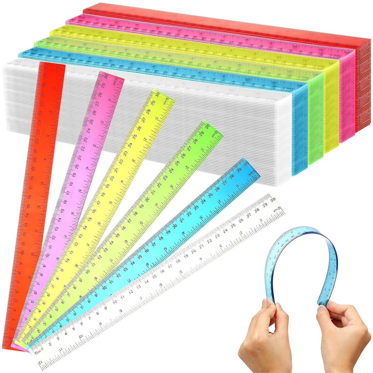Fumete 144 Pack 12 Inch Plastic Rulers Bulk for Classroom Operation Christmas Supplies Flexible Transparent Assorted Color Ruler with Centimeters and Inches for Office Teacher Student