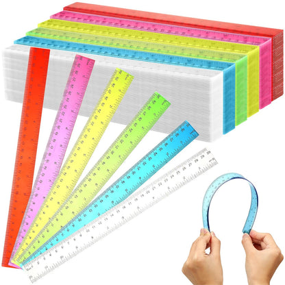Fumete 144 Pack 12 Inch Plastic Rulers Bulk for Classroom Operation Christmas Supplies Flexible Transparent Assorted Color Ruler with Centimeters and Inches for Office Teacher Student