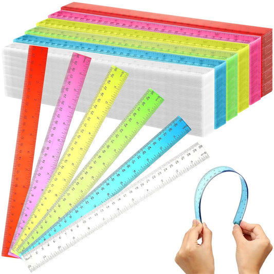 Fumete 144 Pack 12 Inch Plastic Rulers Bulk for Classroom Operation Christmas Supplies Flexible Transparent Assorted Color Ruler with Centimeters and Inches for Office Teacher Student