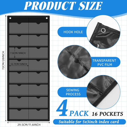 4 Pack 3'' x 5'' Index Card Holder Sleeve 16 Slot Plastic Organizer Hanging Wall Mount Business Note Cardholder PVC Clear Organizer Pocket for Classroom Office Library Home (Black)