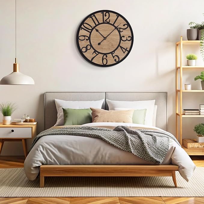 Maxstar Wall Clock for Living Room,Metal & Wood Silent Rustic Farmhouse with Arabic Numeral, Battery Operated Wall Clocks Decorative for Bedroom Office Home Decor 13inch Black