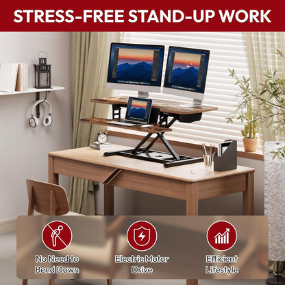 SANODESK Standing Desk Converter with Electric Motor 42" Height Adjustable Riser for Office Home,Dual Monitor and Laptop Workstation with Large Keyboard Tray,Rustic Color