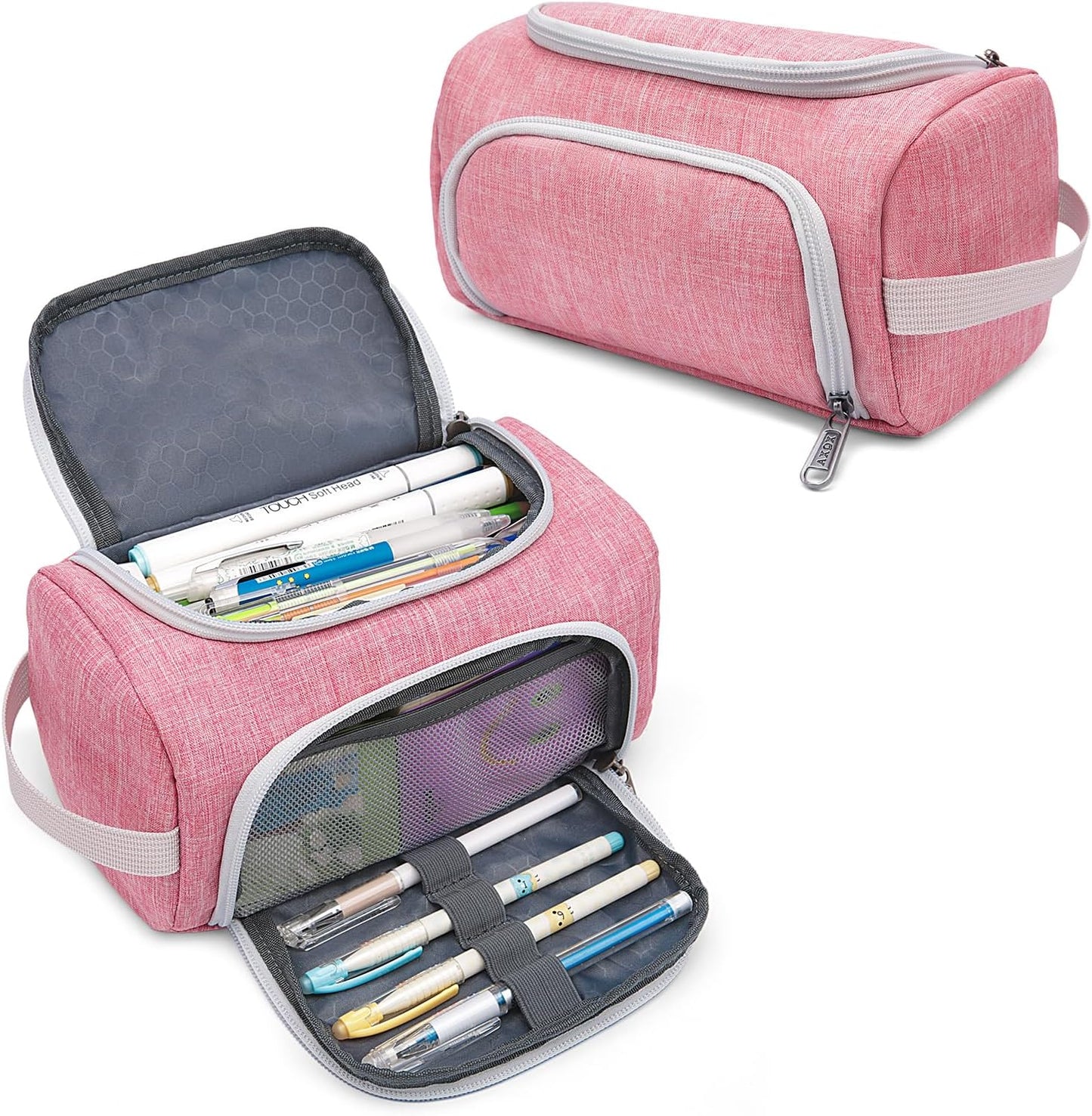 XQXA Extra Large Capacity Pencil Case Organizer, Multifunctional Pencil Pouch with Compartmens, Travel Simple Stationery Bag, Nylon Pencil Bag for Adults (Pink)