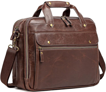 Leather Briefcases for Men 15.6 Inch Laptop Messenger Bag with Triple Compartments Water-Resistant Computer Shoulder Bag for Business, Travel, Work, Office, Brown