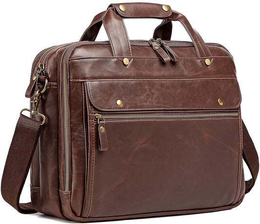 Leather Briefcases for Men 15.6 Inch Laptop Messenger Bag with Triple Compartments Water-Resistant Computer Shoulder Bag for Business, Travel, Work, Office, Brown