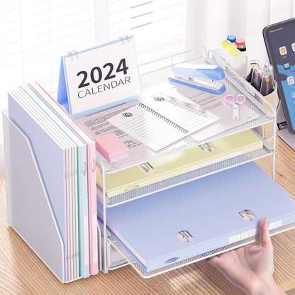 Desk Organizer and Accessories, 4-Tier Desktop File Organizer with Drawer and 2 Pen Holders, Office Desk Accessories for Office Supplies(White)