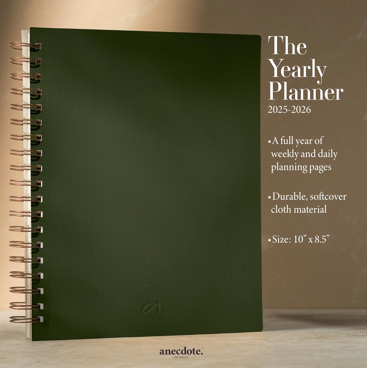 Anecdote 2025 Planner (8.5" x 10") Daily Planner Weekly Monthly Planner - 52 Weeks w/Library Buckram Cover, Brass Spiral - A4 Size Bleed-Resistant Paper – Evergreen