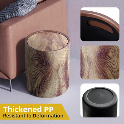 Wood Grain Plastic Trash Can Swing Top Lid, 4Gal/15L Farmhouse Wastebasket Bin Retro Style with Inner Bucket, Bathroom Trash Can Hidden Bag for Room Aesthetic, Round Brown Garbage Can 2pack