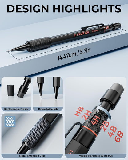 0.7mm Mechanical Pencil Set, 3PCS Metal Mechanical Pencils 0.7mm with 6 Tubes HB & 2B Lead Refills,Erasers, Weatherproof Artist Pencils with Case for Outdoor Writing Drafting Drawing