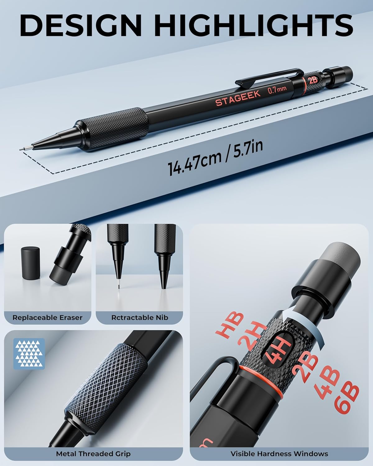 Mechanical Pencils 0.7mm with Case, Metal Weatherproof Body Outdoor Artist Mechanical Pencil with 120 PCS HB & 2B Lead Refills, Eraser, for Writing Drafting Drawing and Sketching