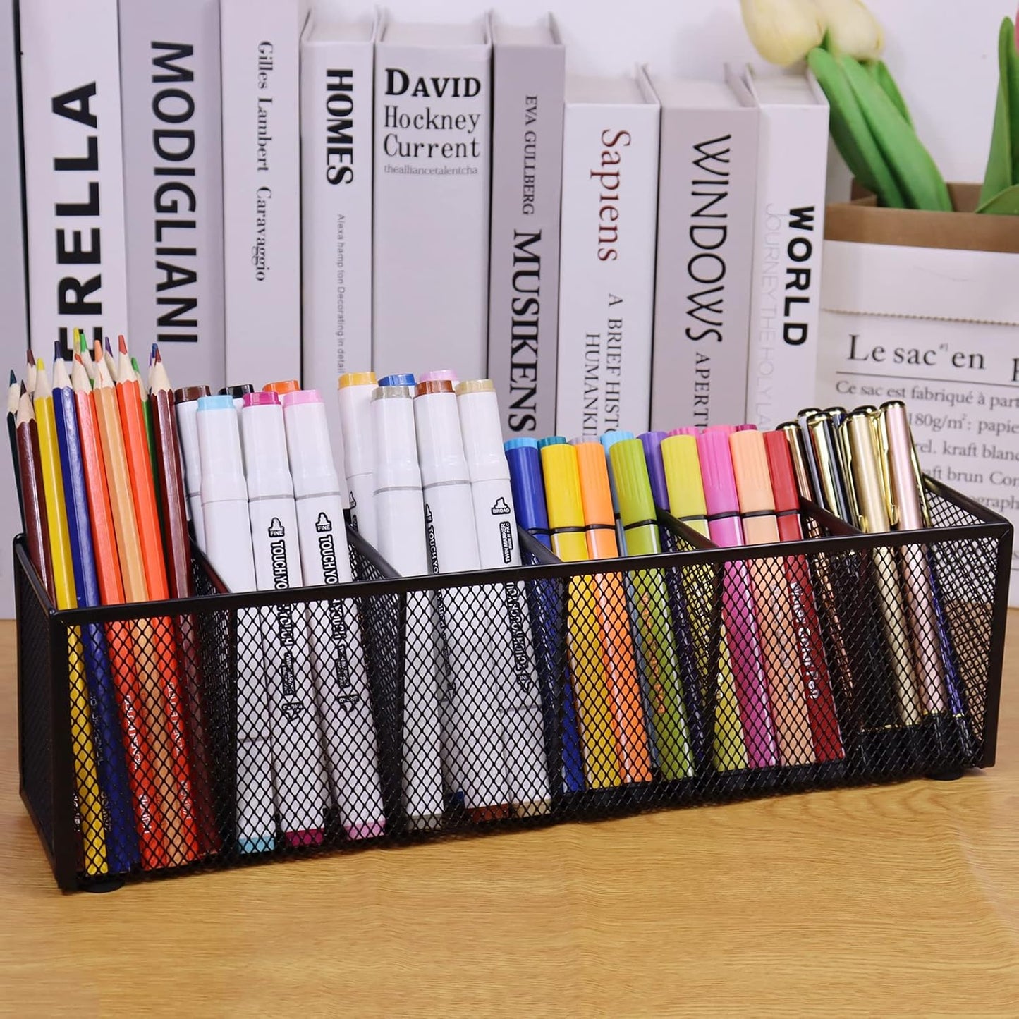 Black Mesh Pen Pencil Holder, Small Metal Desk Organizer Desktop Stationery Office Supplies Acessories Storage Stand, 6 Compartments Brushes Holder for Home School Classroom Teachers
