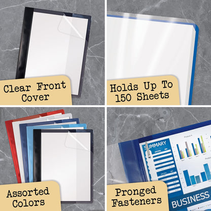 Better Office Products Ultra Durable Clear Front Report Covers, 25 Per Box, Letter Size, Assorted Colors, Poly Back Cover, with Fasteners, Lay Flat, Box of 25